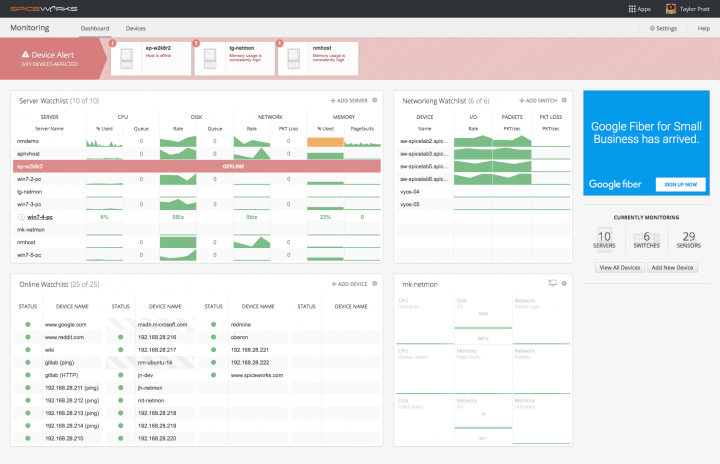 Screenshot of Spiceworks free monitoring tool
