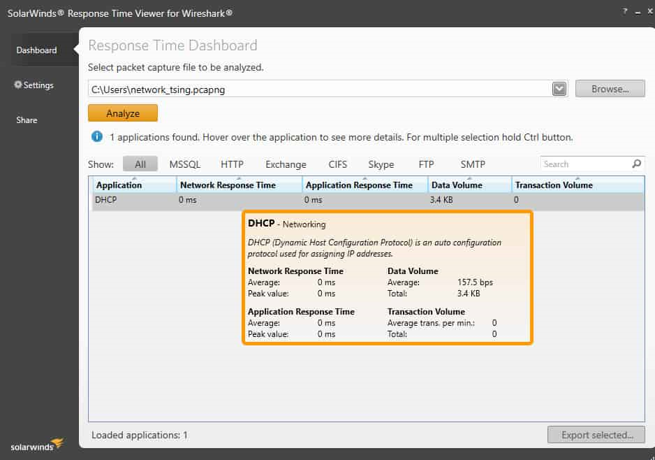 Screenshot des kostenlosen Response Time Viewer for Wireshark