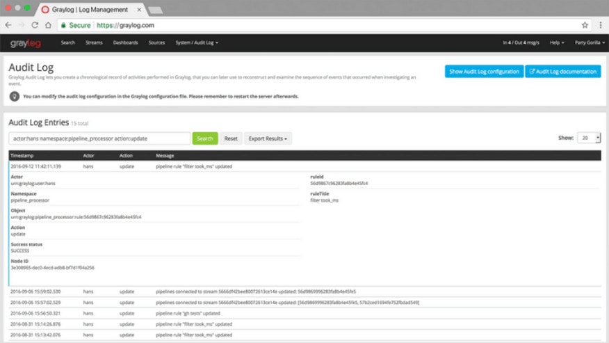 Graylog log management screenshot