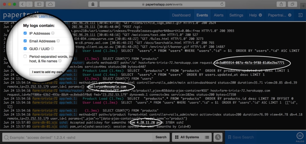 Papertrail log monitoring