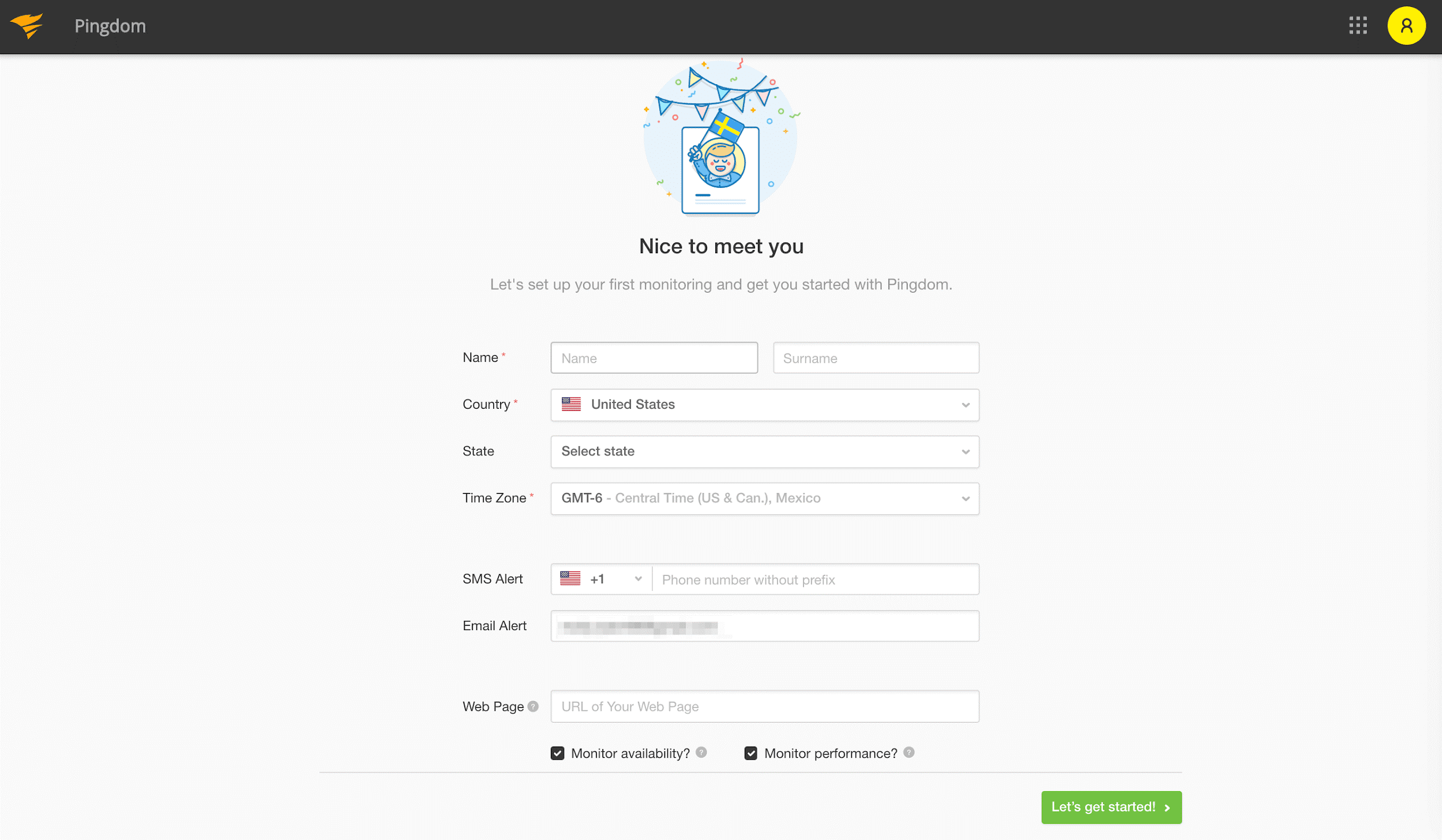 pingdom account creation