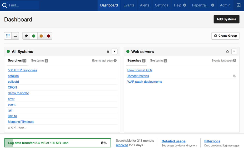 Papertrail log monitoring