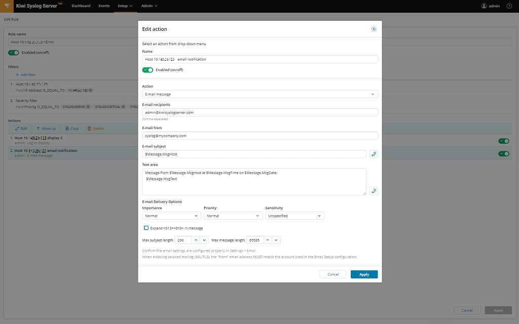 automated responses Kiwi Syslog Server