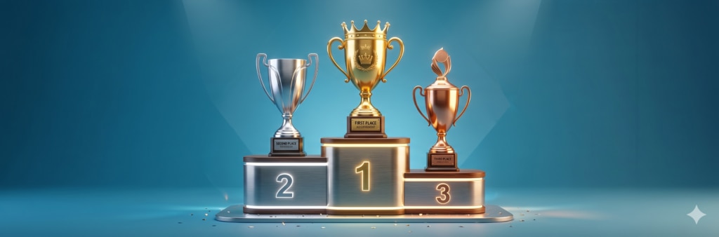 podium with three trophies
